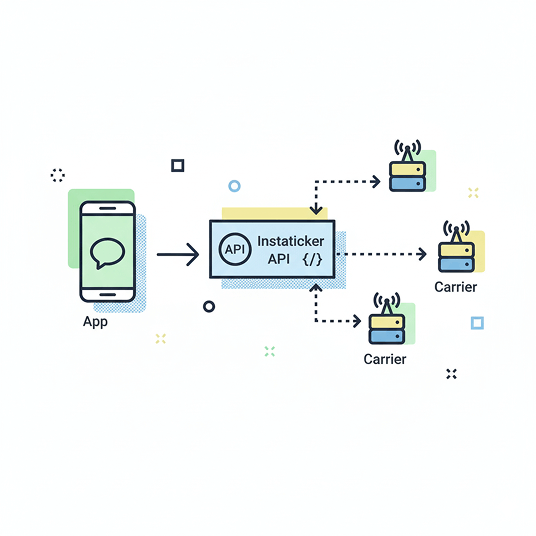Flow showing an app sending OTP messages through Instaticker’s SMS API to multiple carriers for reliable delivery.